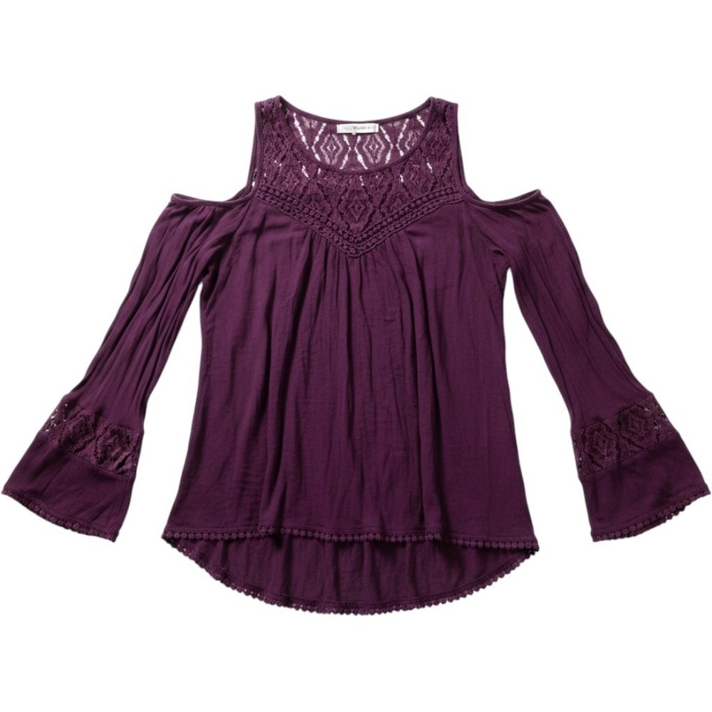 Rewind Womens Plum Purple Cold Shoulder Lace Yoke Blouse Top Large Boho L
